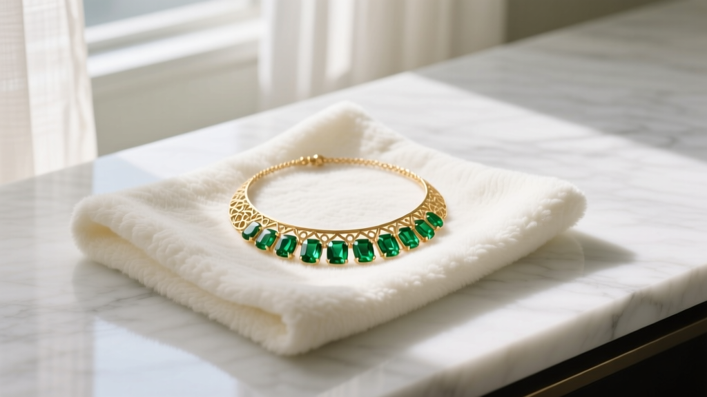 Flat lay of a soft cloth and a gold-plated necklace with green acrylic stones on a white marble countertop near soft window light.