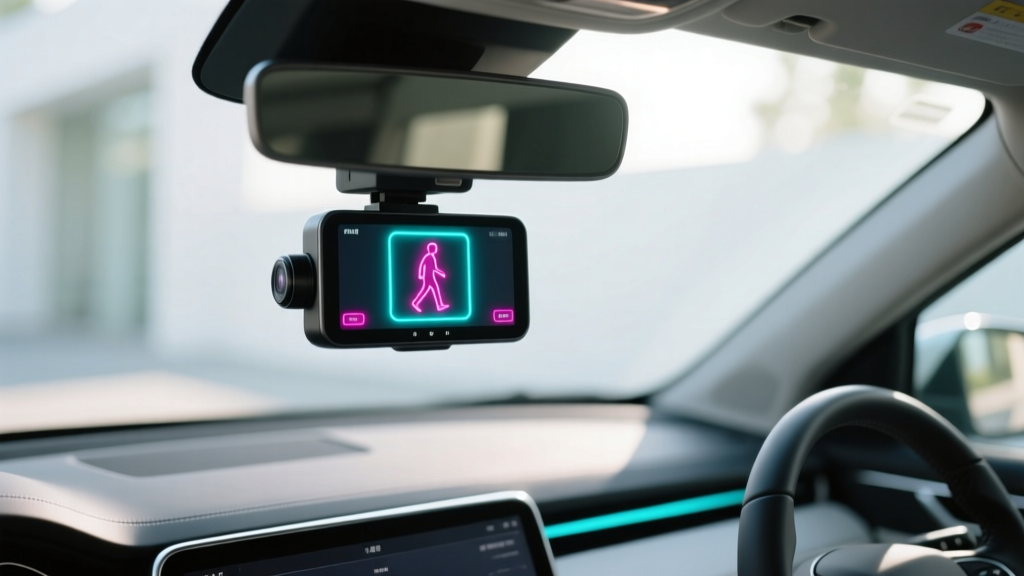 Modern AI dashcam mounted behind rearview mirror displaying real-time pedestrian bounding boxes on LCD screen in bright car interior.