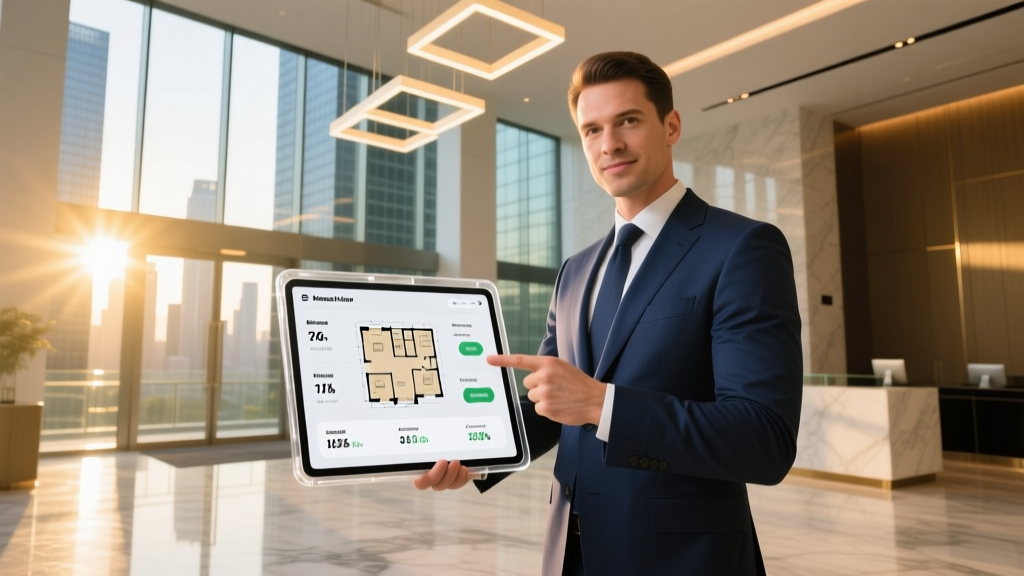 Commercial real estate broker pointing at a digital tablet displaying building lease cost calculations and floor plans in a modern lobby