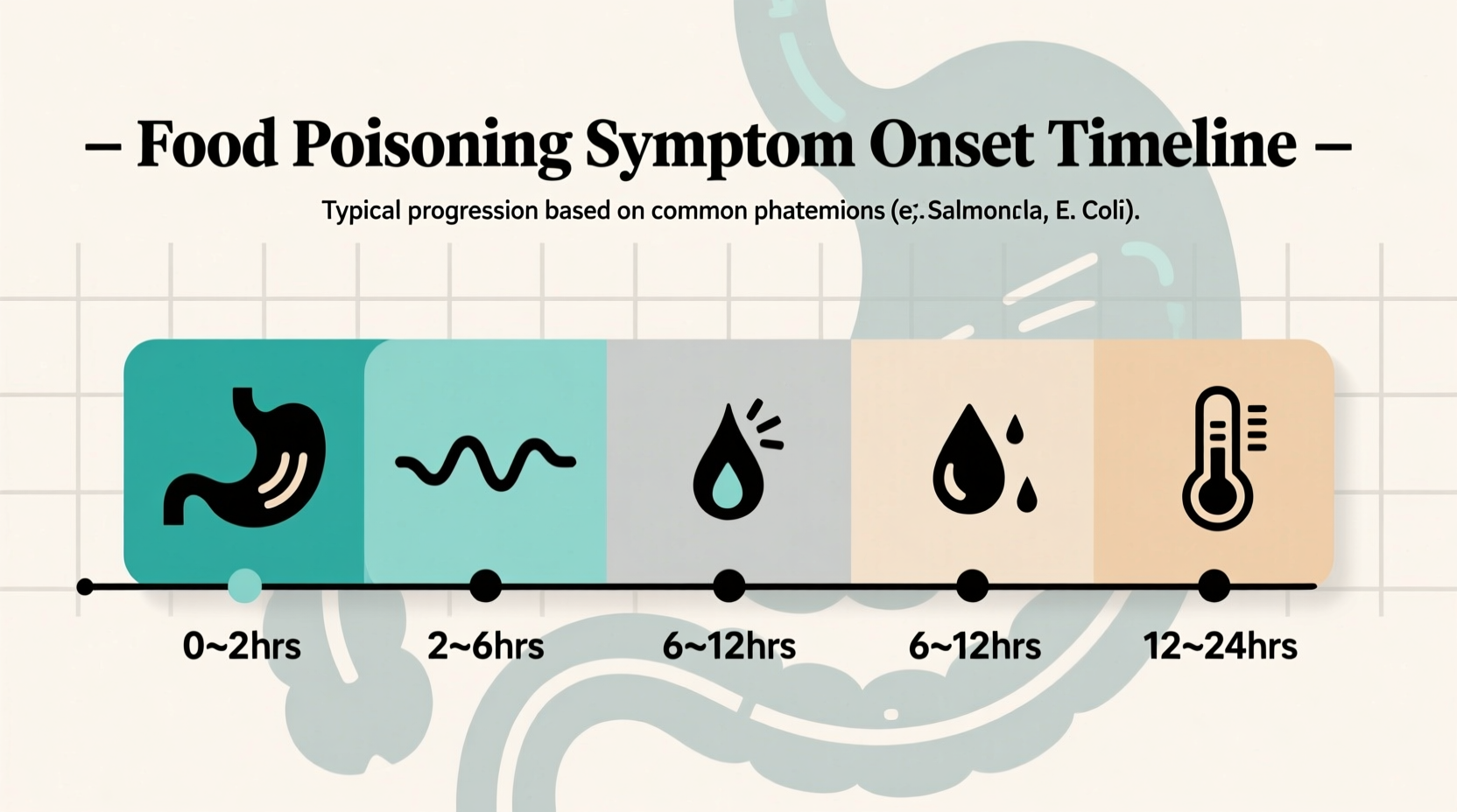 Food poisoning timeline infographic showing symptom onset periods