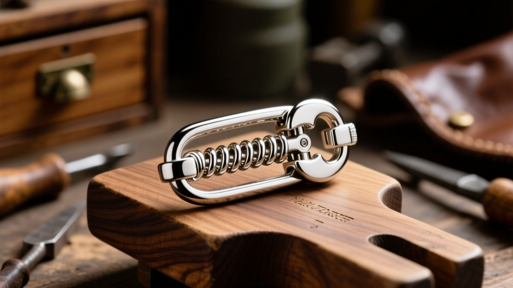 Detailed view of a platinum lobster clasp with spring exposed, resting on a wood jeweler bench under warm directional lighting