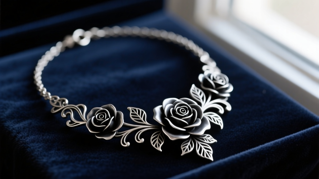 Close-up of an oxidized sterling silver black floral necklace on dark velvet, highlighting intricate rose motifs and matte finish.
