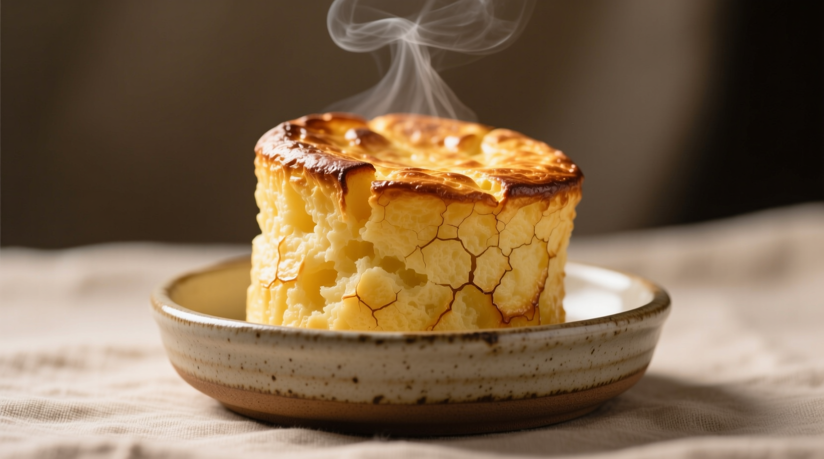Perfectly risen golden potato souffle in ceramic dish