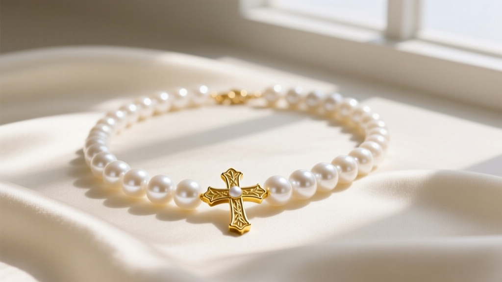 Elegant flat lay of a white Akoya pearl necklace with a delicate 14k yellow gold cross pendant resting on cream silk fabric.