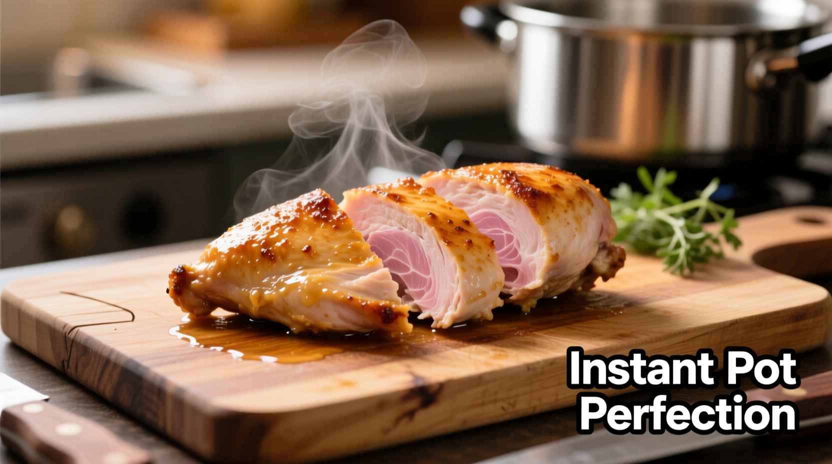 Perfectly cooked Instant Pot chicken breast on cutting board