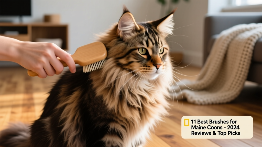 Close-up of a Maine Coon’s thick, shaggy coat being gently brushed