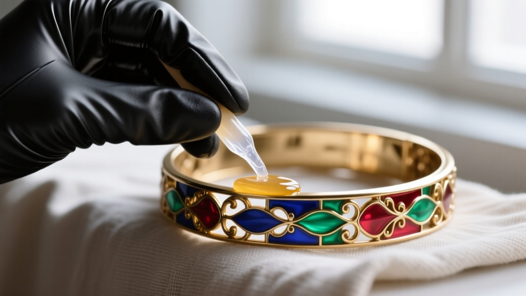 Close-up of a gloved hand applying a thin layer of microcrystalline wax to a cleaned brass and enamel costume bangle with cloth