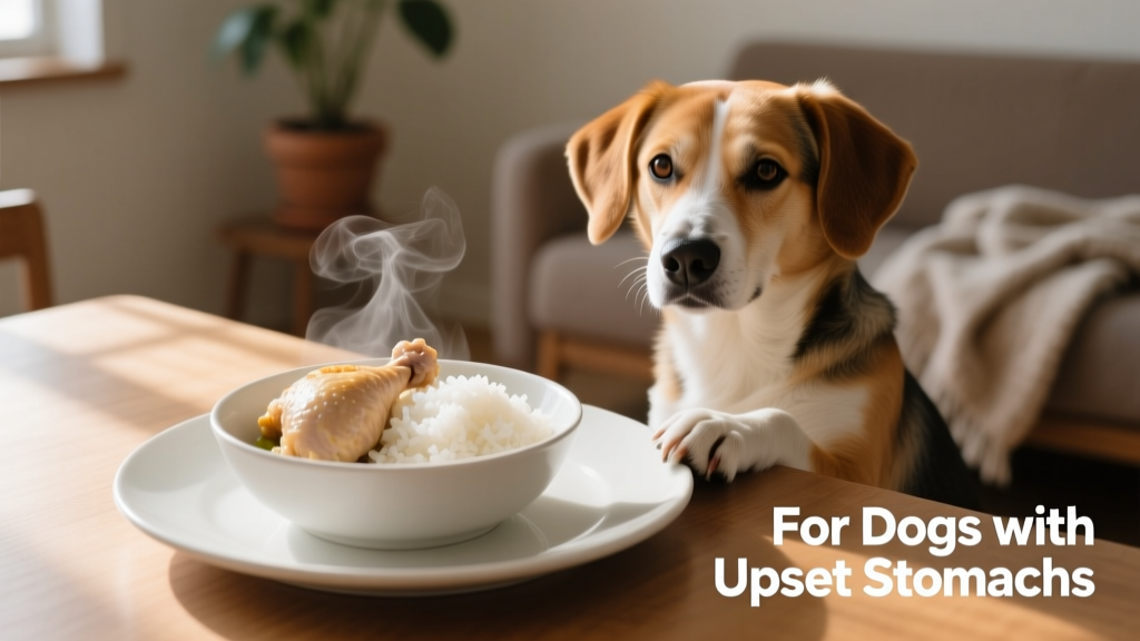 A bowl of plain boiled chicken and white rice served to a dog on a clean surface