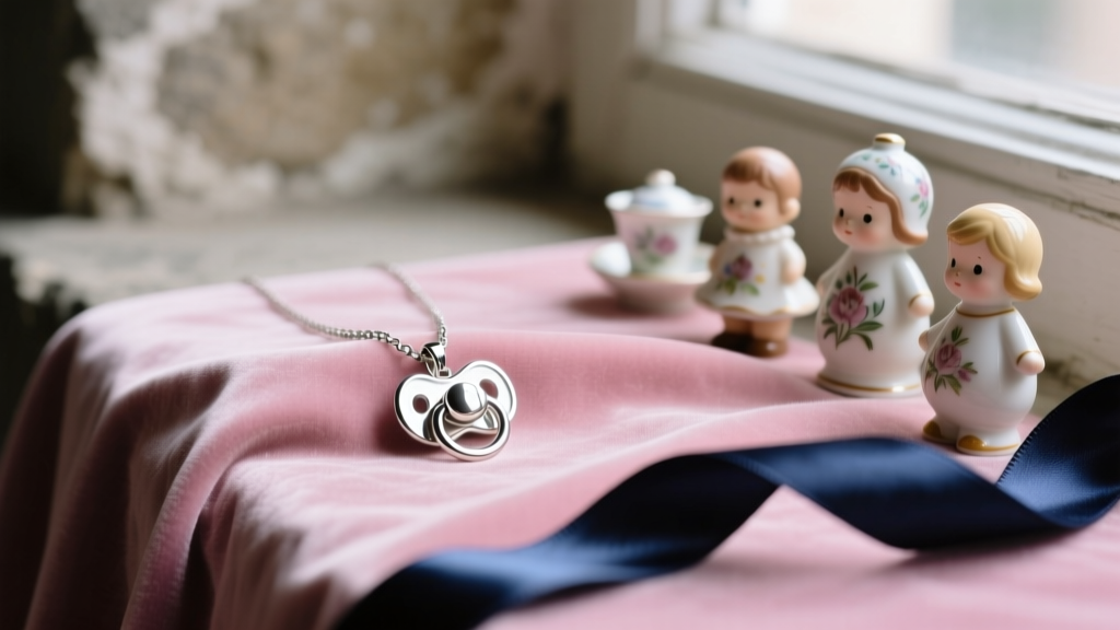 Sterling silver pacifier pendant necklace resting on faded pink velvet fabric beside vintage porcelain toys and dark silk ribbons