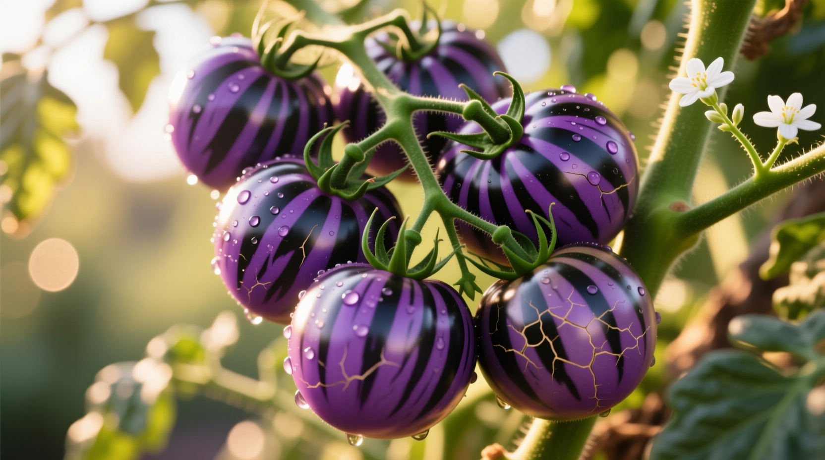 Ripe purple zebra tomatoes on vine with distinctive striping