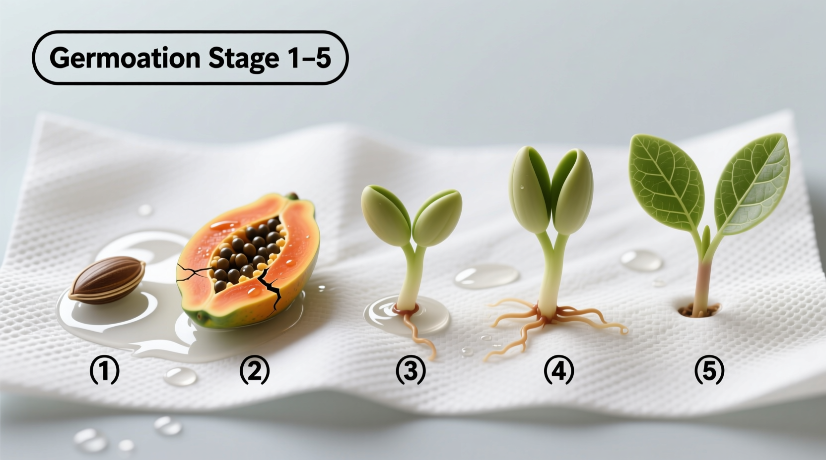 Papaya seed germination stages in paper towel