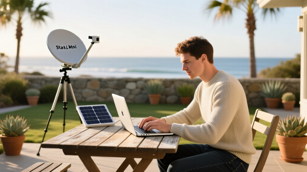Remote worker sitting at a wooden patio table typing on a MacBook Pro with a Starlink Mini dish and solar panel in the background