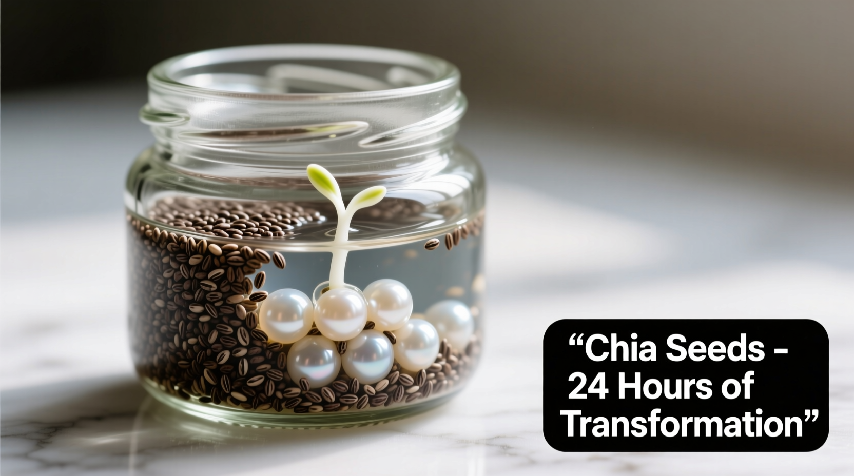 Chia seeds transforming from dry to fully soaked in glass jar