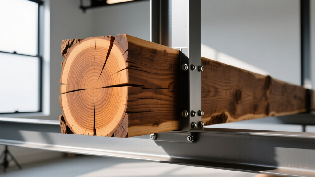 Cross-section of reclaimed heavy timber beam showing dense growth rings bolted to a modern steel flitch plate in a commercial framing project