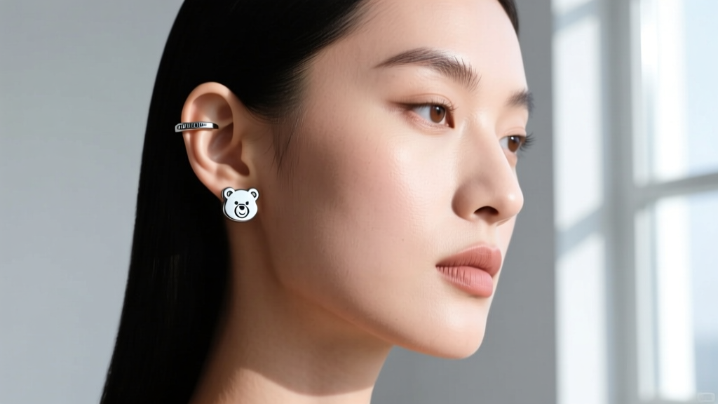 Model wearing a 20-gauge titanium Care Bear ear cuff on the upper helix cartilage, illuminated by soft, diffused natural window light