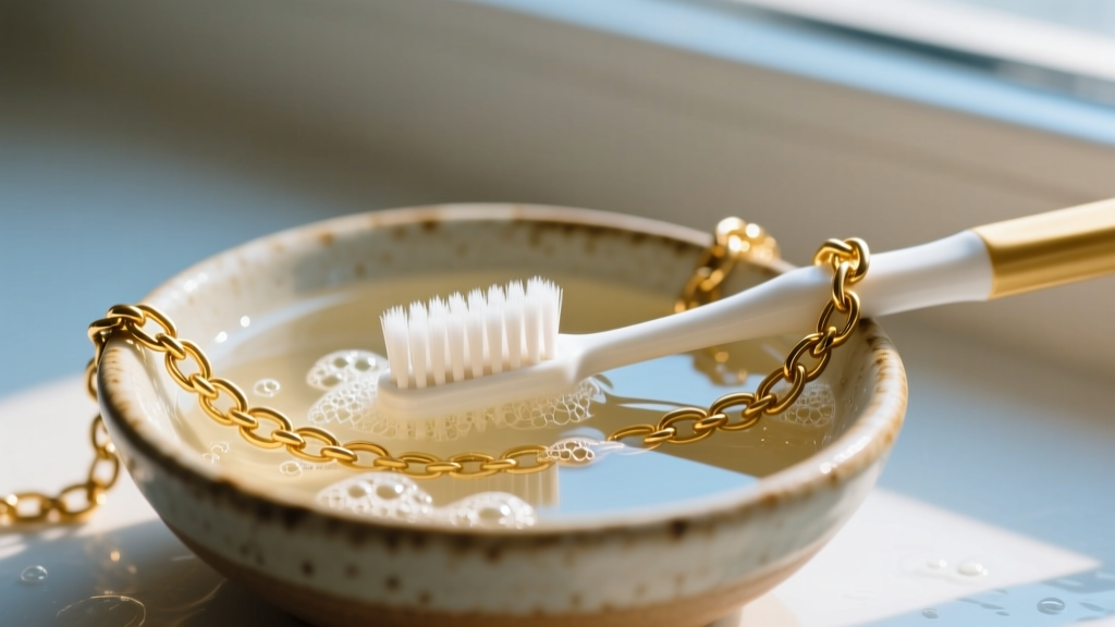 Soft-bristled toothbrush gently scrubbing tangled gold figaro chains submerged in a small ceramic bowl of warm soapy water.