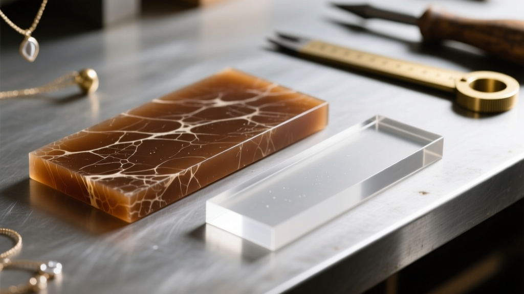 Macro shot of mottled brown cellulose acetate next to cheap acrylic plastic in a jewelry workshop under bright studio lighting.