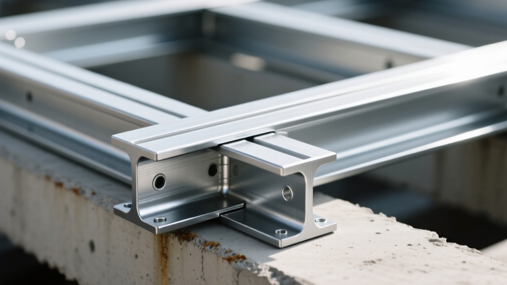 Close-up of silver Fortress Evolution steel deck joists and tracks with specialized corrosion-resistant coating installed over concrete footings