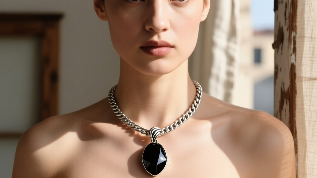 Person wearing a 4mm silver rope chain necklace with an obsidian pendant and large bail, photographed in warm natural sunlight.