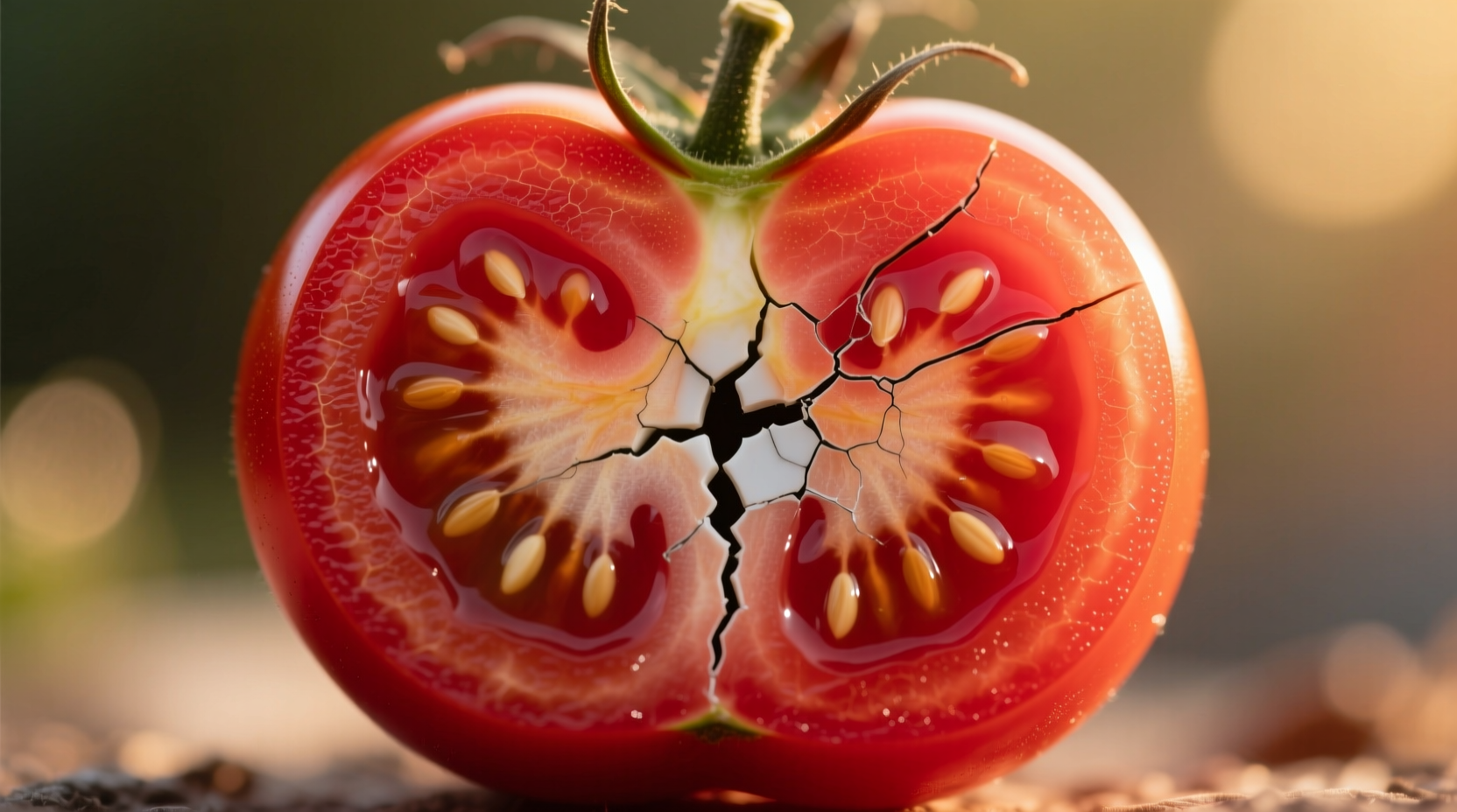 Close-up of split tomato fruit showing radial cracking