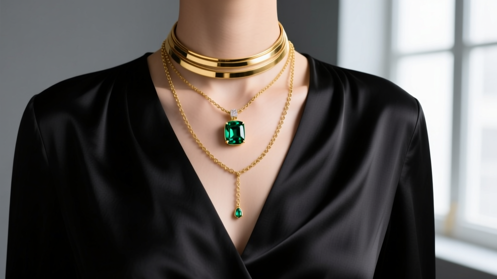 Layered 14k gold necklace stack with a choker, gemstone pendant, and matinee chain draped over a dark silk V-neck blouse.