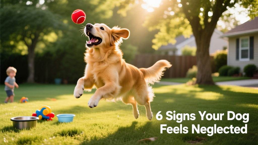 A happy dog playing fetch in a sunlit backyard