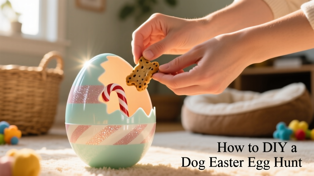 Close-up of hands placing a high-value treat inside a large, pastel-colored plastic Easter egg