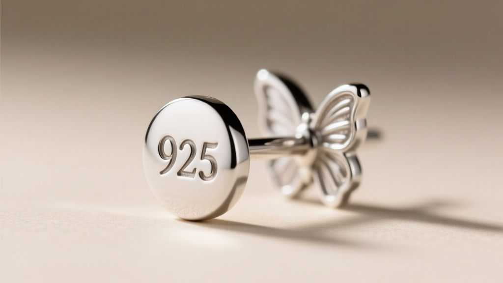 Macro shot of a 925 sterling silver stud earring post and butterfly back, showing the 925 hallmark stamp clearly in sharp focus.