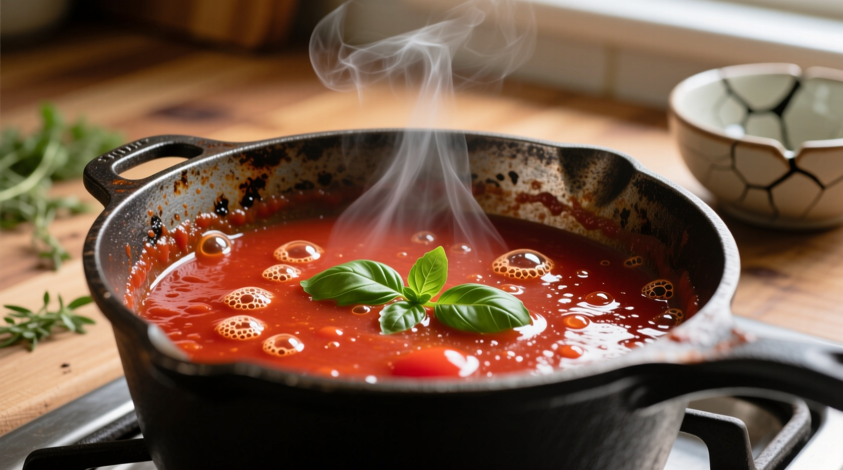 Close-up view of gently simmering tomato sauce in cast iron pot