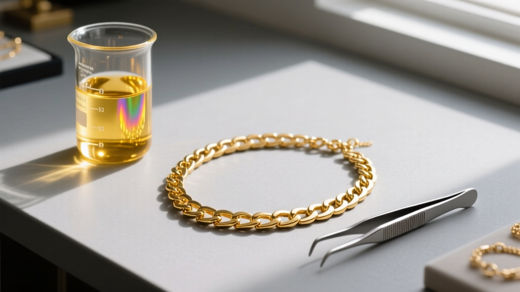 Jeweler workbench featuring a beaker of gold electroplating solution next to a disassembled gold-tone chain necklace and tweezers.