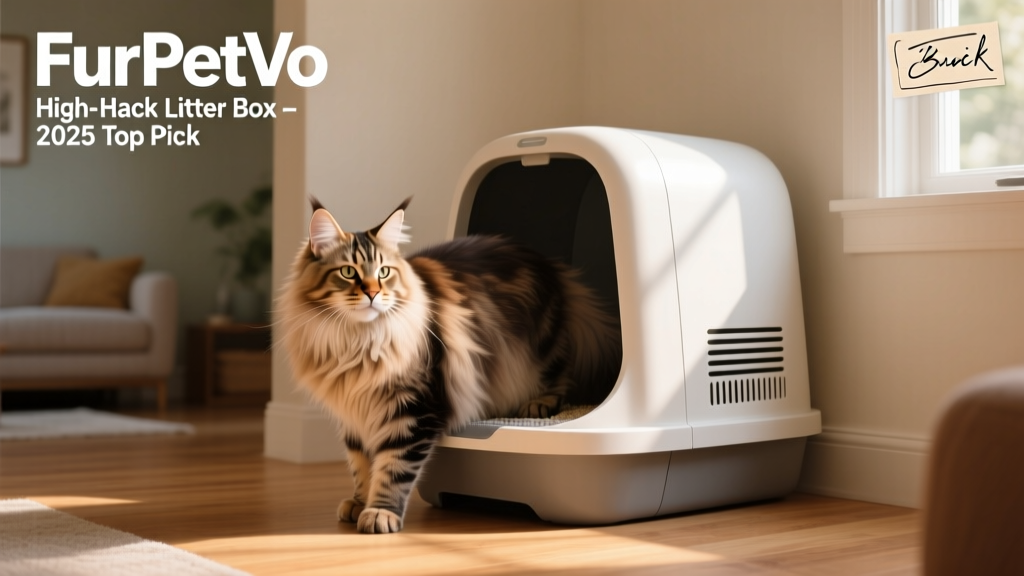 FurPetVo High-Back Litter Box in use, showing a Maine Coon comfortably turning inside the spacious interior