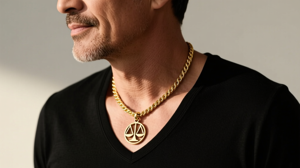 Side profile of a man wearing a 12mm 14k gold rope chain with a large symbolic pendant resting on a black t-shirt collar