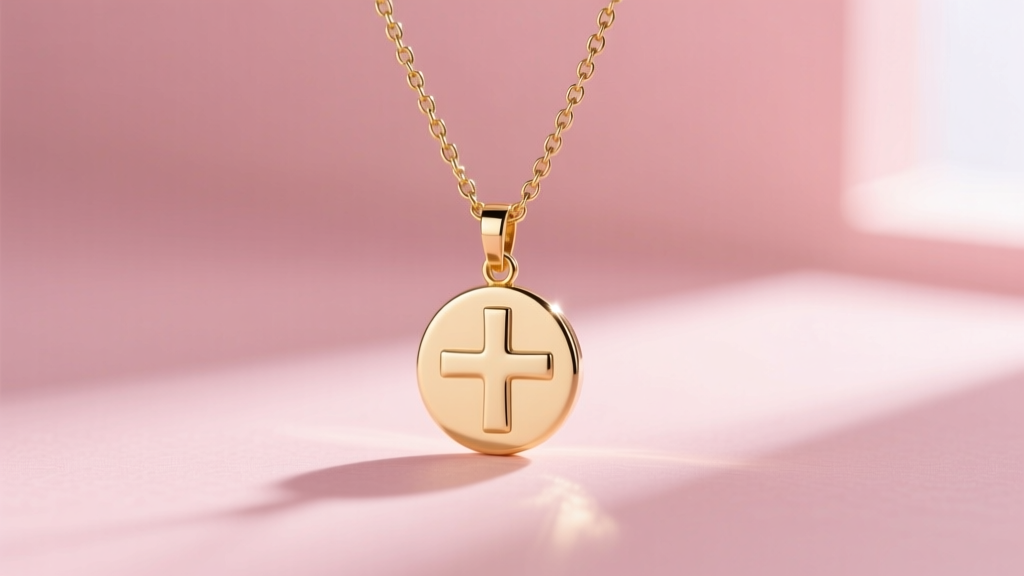 Delicate 1.2mm gold box chain through the hidden bail of a minimalist round cross pendant against a blush background.