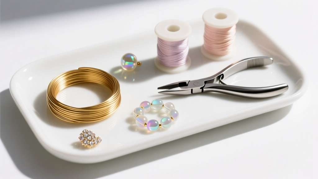Flat lay of jewelry tools like 24-gauge gold wire, silk thread, crimp beads, and flush cutters on a white ceramic tray.