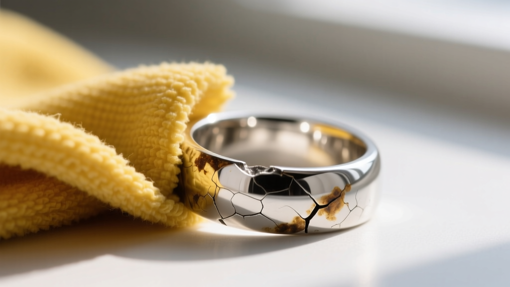 Macro shot of a yellow polishing cloth rubbing an oxidized sterling silver ring to reveal the bright, untarnished metal underneath