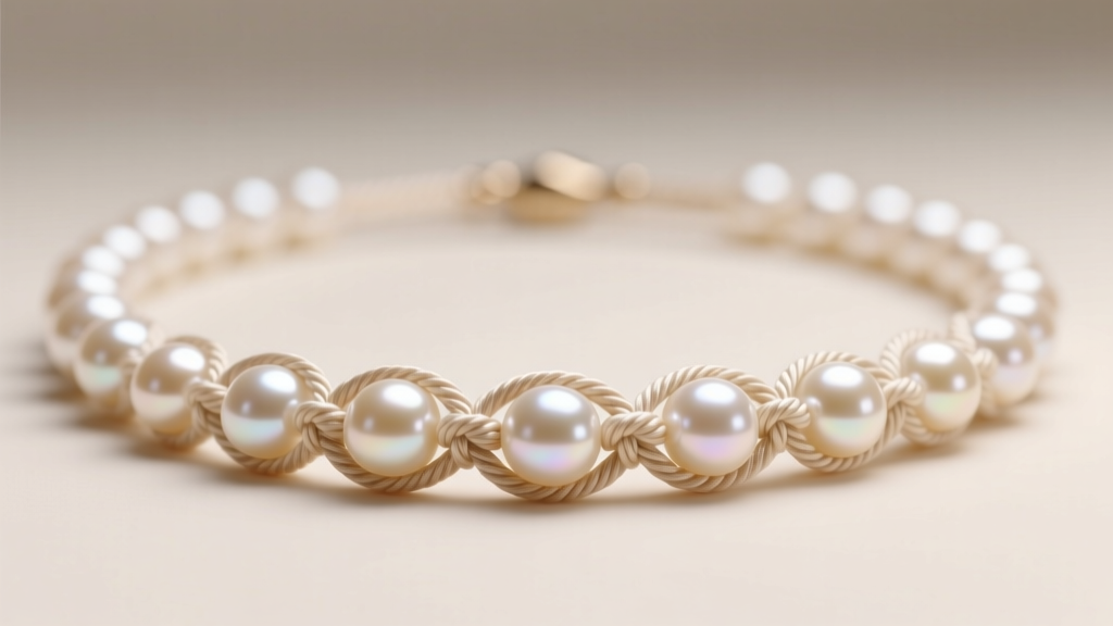 Macro shot of a hand-knotted string pearl necklace showing tight silk knots between lustrous cream freshwater pearls.