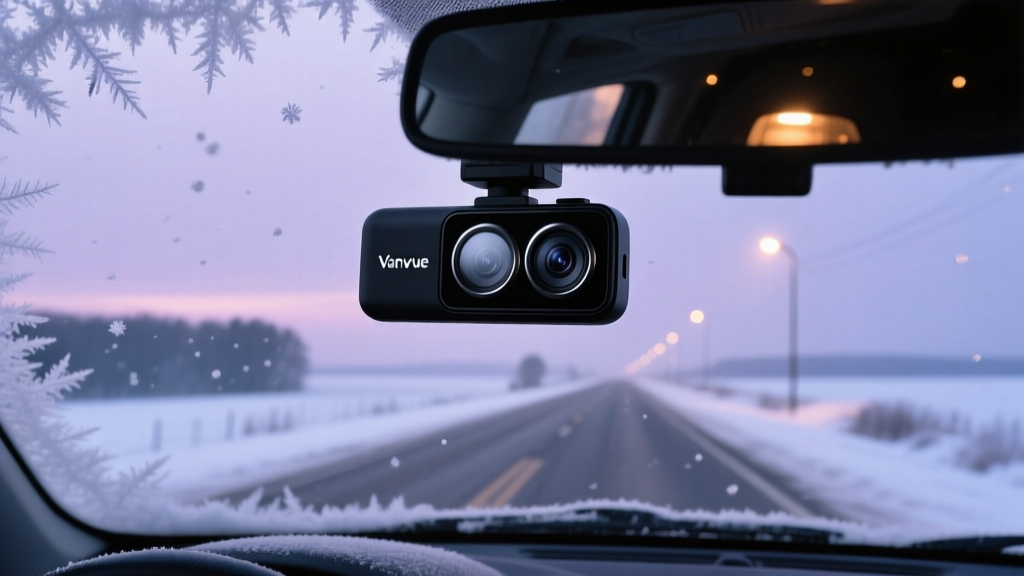 Close-up of a Vantrue N4 Pro three-channel dash cam mounted on a car windshield capturing a snowy winter road at twilight