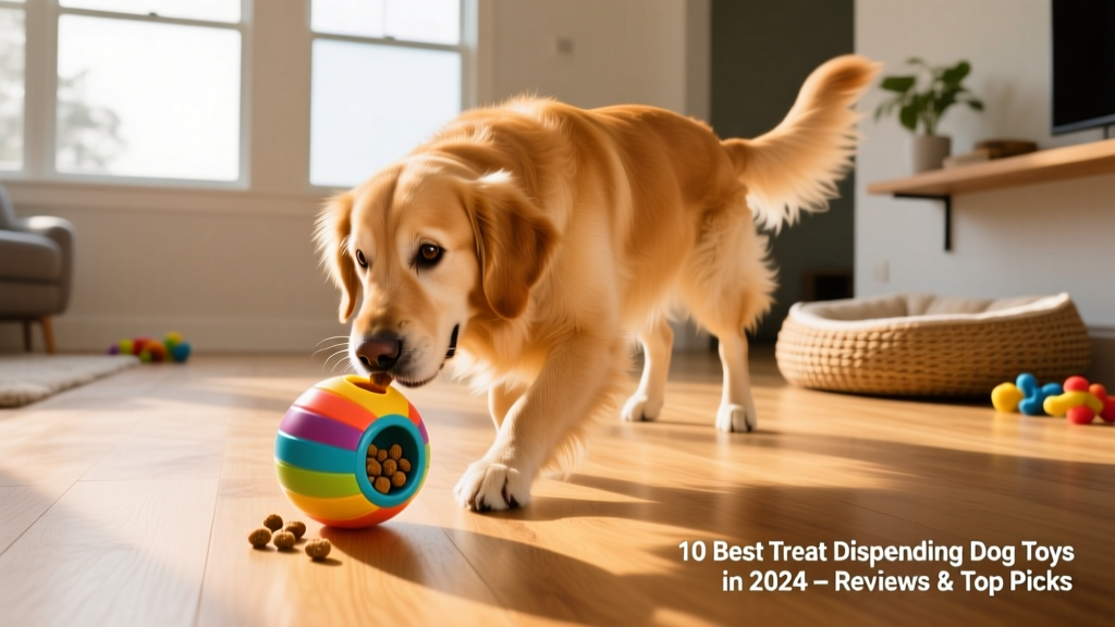 A golden retriever happily nudging a treat-dispensing ball across a sunlit hardwood floor