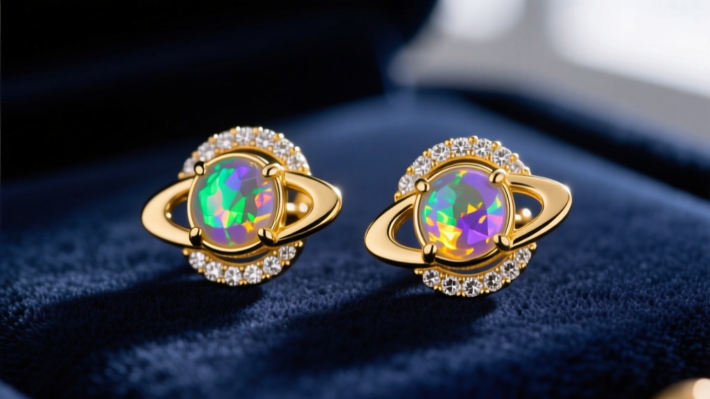 Close-up of 14k yellow gold saturn stud earrings with a central bezel-set opal and diamond orbital ring on dark velvet