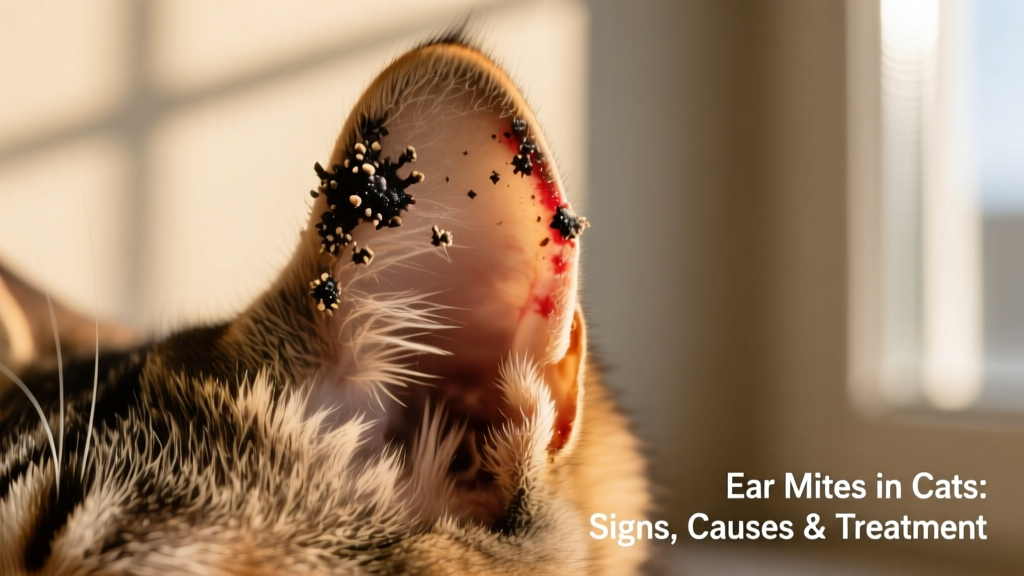 Close-up of a cat’s ear showing dark, crusted discharge typical of ear mites