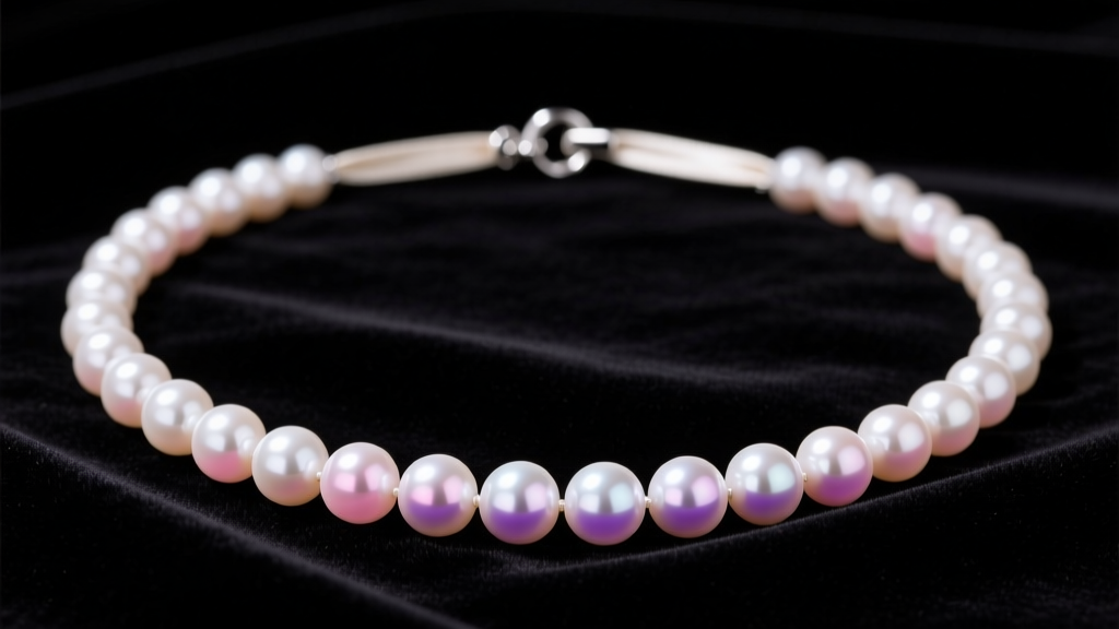 Close-up of an 18 inch white Akoya pearl necklace on dark velvet, showing stretched silk thread between pearls near a silver clasp