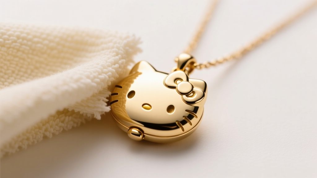 Close-up of a microfiber cloth gently wiping a gold-plated Hello Kitty locket necklace, highlighting the polished metal texture