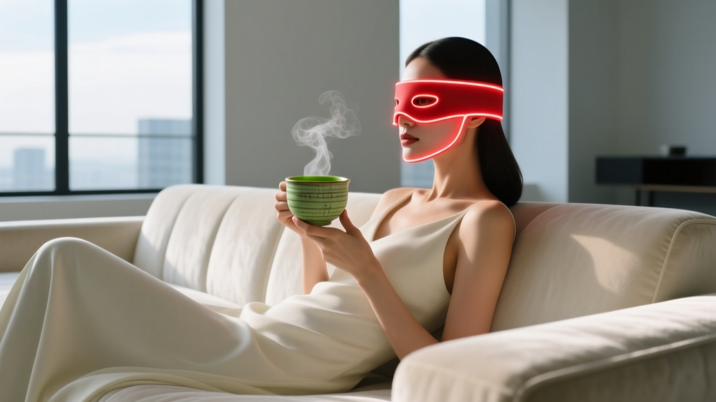 Woman reclining on a modern velvet sofa wearing a flexible red LED silicone face mask while holding a ceramic cup of matcha tea