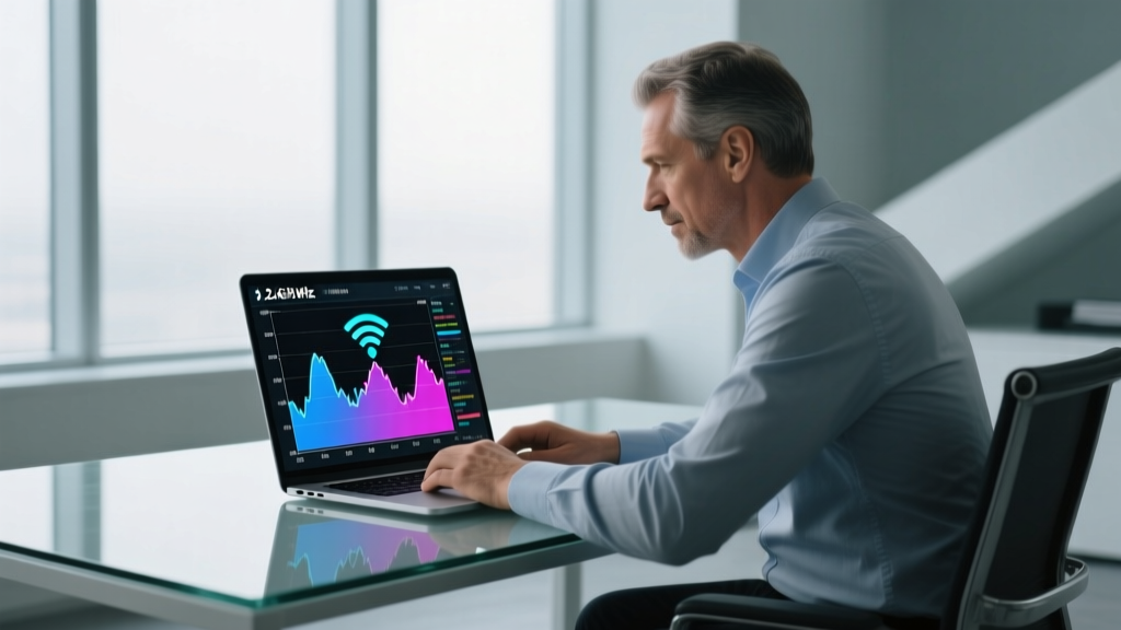 Network administrator analyzing a 2.4GHz spectrum analyzer graph showing Bluetooth and Wi-Fi channel overlap on a laptop