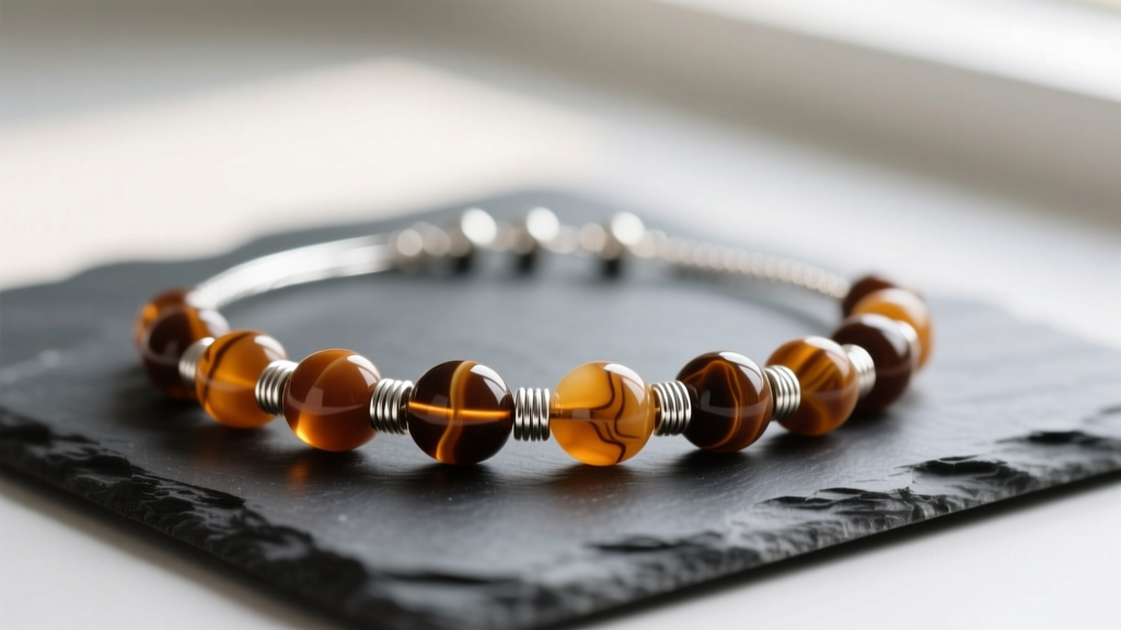Close-up of 0.024 beading wire, crimp beads, and polished brown jasper gemstone beads resting neatly on a dark slate jewelry mat