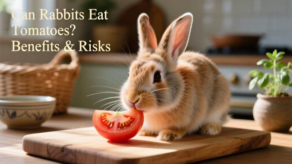 Close-up of a rabbit gently nibbling a small, seedless tomato slice
