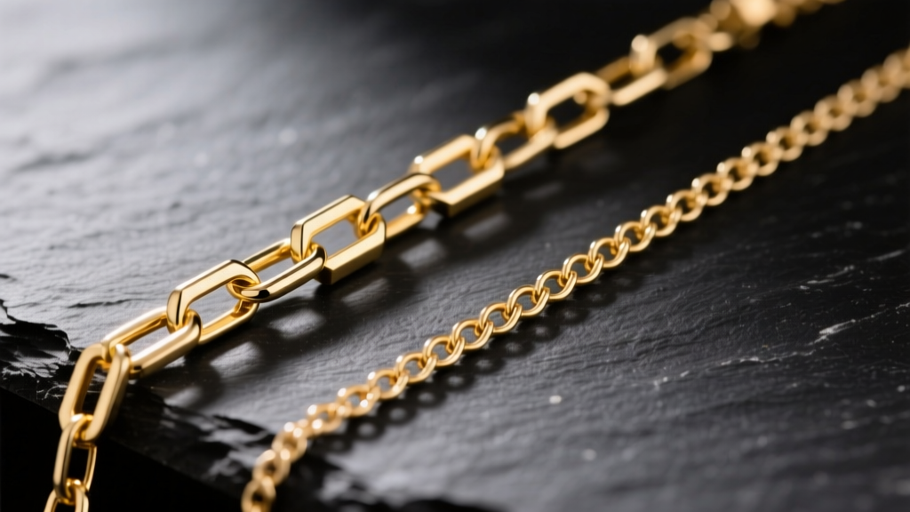 Macro shot of a delicate gold box chain and dainty rolo chain on dark slate showing link differences, bright studio lighting
