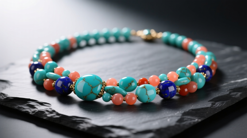 Vibrant multi color beads necklace of turquoise, coral, and lapis lazuli resting on dark slate under soft, diffused natural light