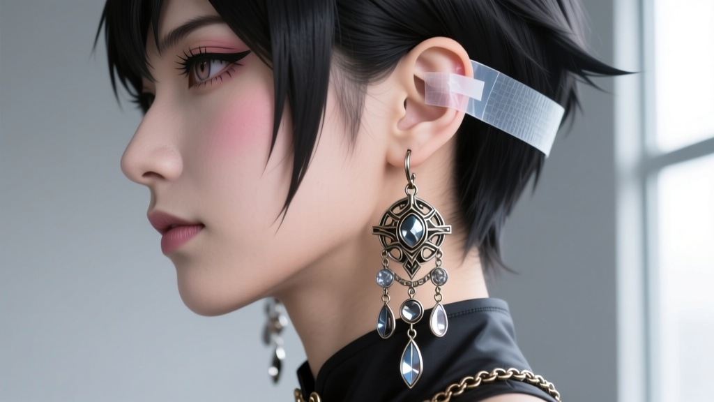 Side profile of a cosplayer wearing a heavy anime dangling earring, with clear cosmetic support tape visible behind the earlobe.
