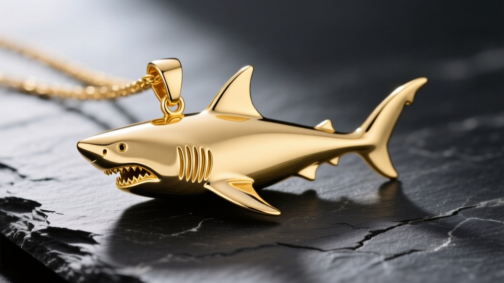 Solid 14k yellow gold great white shark pendant on dark slate, showing intricate gill slits and matte dorsal fin.